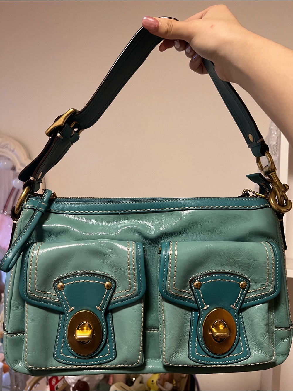 Coach Legacy 65th anniversary shoulder bag in shiny teal leather